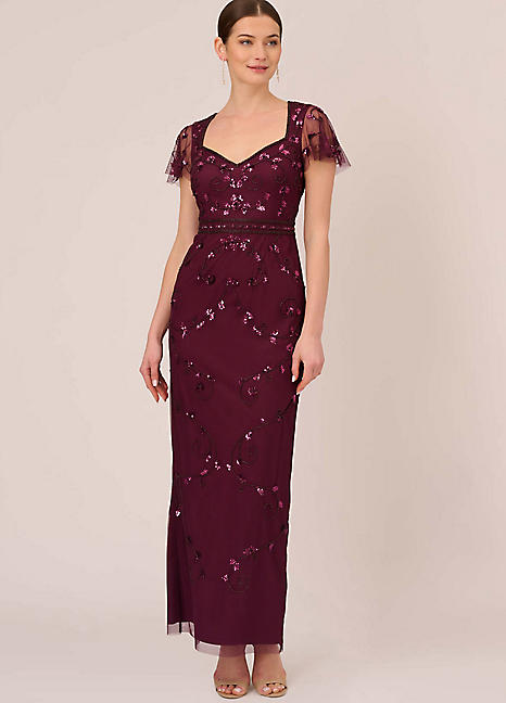 Adrianna Papell☆フェザーフレア袖のリトルブラックドレス 3D Floral Embroidered Trapeze Dress With Open Bow Back In