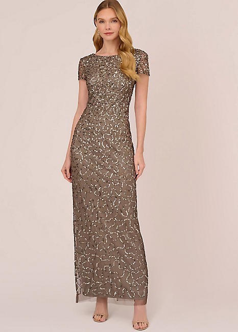 Adrianna Papell Studio Beaded Short Sleeve Gown Freemans