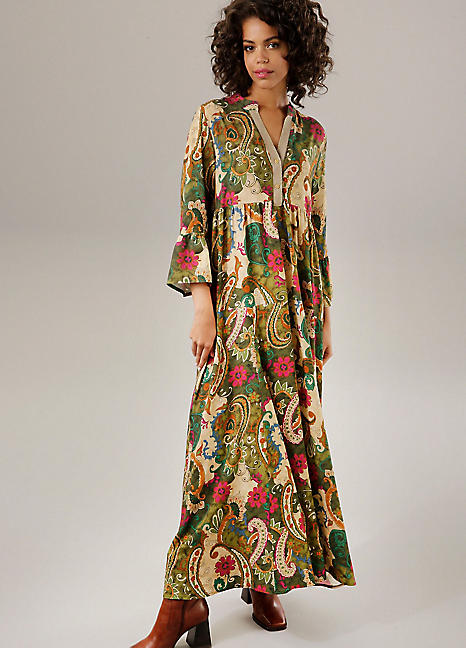 DVF ワンピース Avery floral cotton-blend maxi dress952493 Aniston-Floral-Print-V-Neck-