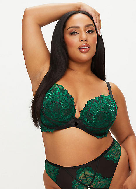 Ann Summers FOREST GREEN/BLACK Lace Plunge Push-Up Bra, US 32DDD/F, UK 32E  