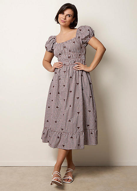 Blue Vanilla Gingham Milkmaid Midi Dress | Freemans