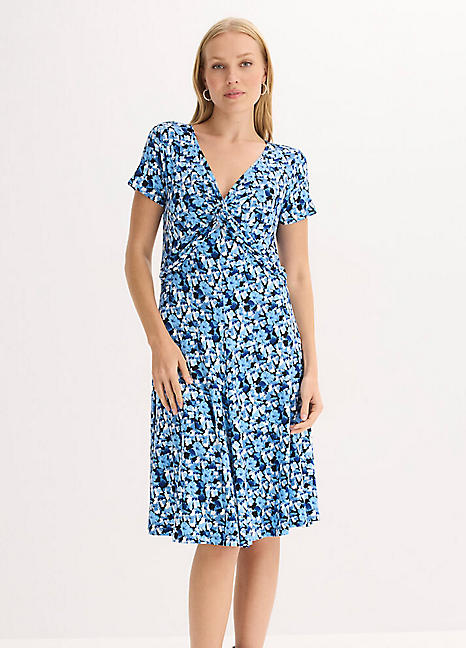 knot front jersey dress Claudia Green Multi Leaf Jersey Knot Front Dress Scarlett & Jo