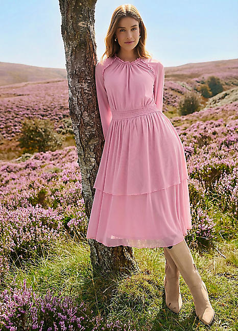 knee length dresses for ladies Ivory Floral Mesh Ruffle Tiered Midi Dress main image 1