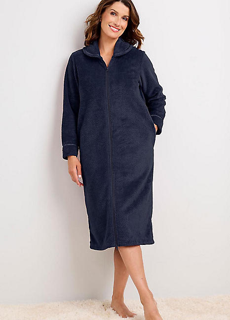 Long Cotton Zip Up Dressing Gown Velour Funnel Neck Zip-up