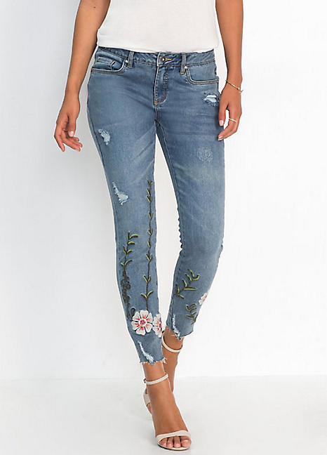 Embroidered Button Pocket High Waist Denim Skinny Slim Jeans