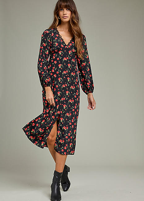 Freemans Red Black Floral Print Midi Dress