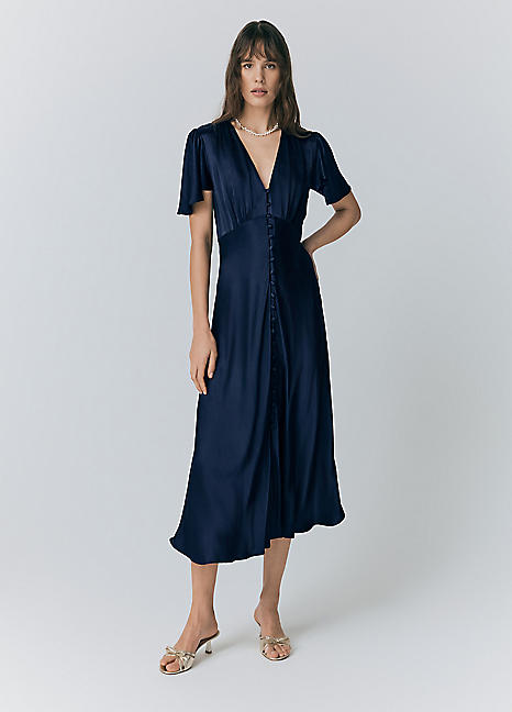 Ghost London Grace Satin Button V-Neck Dress Freemans