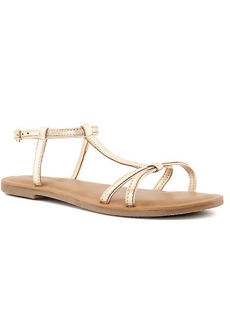 Head Over Heels By Dune Lunas Rose Gold T Bar Leather Flat Sandals