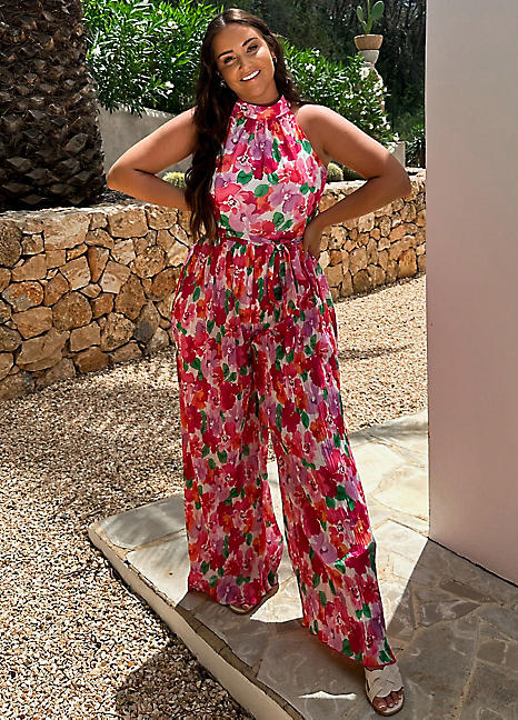 In The Style x Jac Jossa Coral Floral Print Plisse Sleeveless Wide