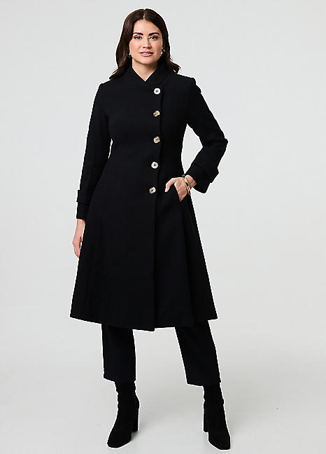 Izabel London Black Button Front Funnel Neck Coat | Freemans