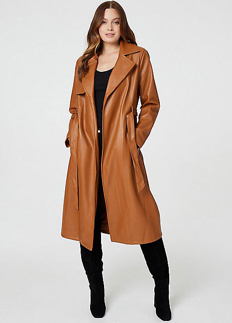 Izabel London Brown Faux Leather Tie Waist Coat Freemans