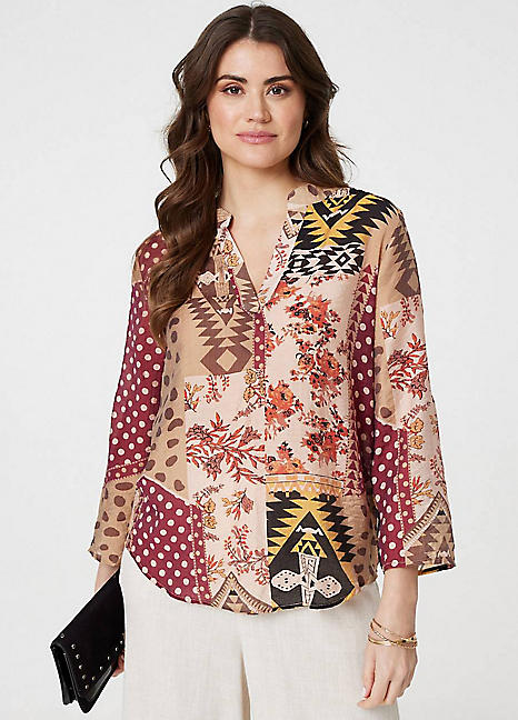 Izabel London Burgundy Patchwork Print Curve Hem Blouse Freemans