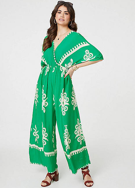Izabel London Green Printed Three-Quarter Sleeve Jumpsuit | Freemans
