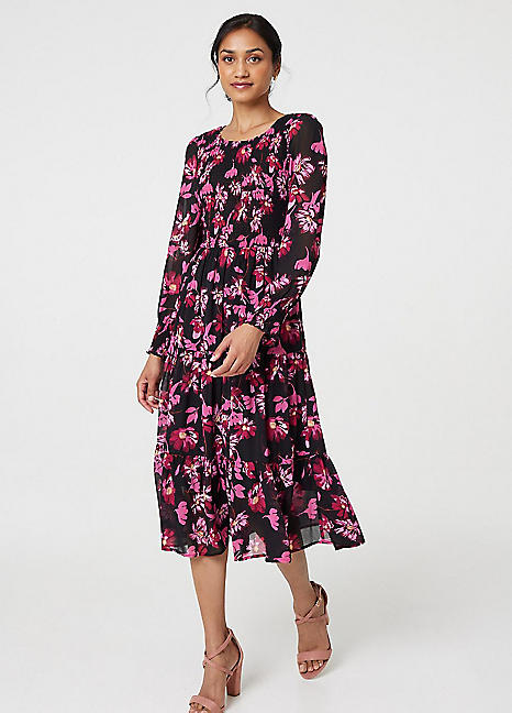 Izabel London Multi Black Floral Semi Sheer Long Sleeve Midi Dress Freemans