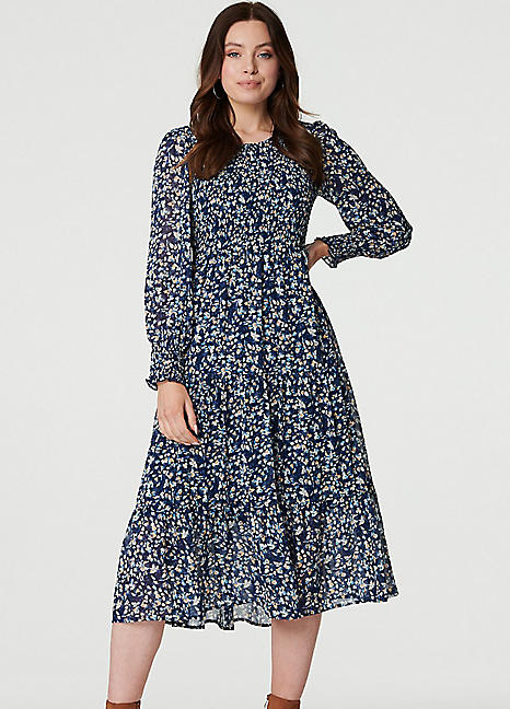 Izabel London Multi Blue Ditsy Floral Long Sleeve Smock Midi Dress Freemans