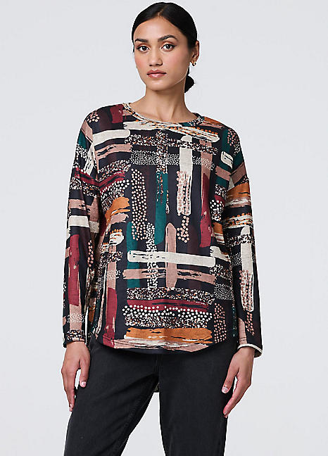 Izabel London Multi Brown Brushstroke Print Curved Hem Long Sleeve