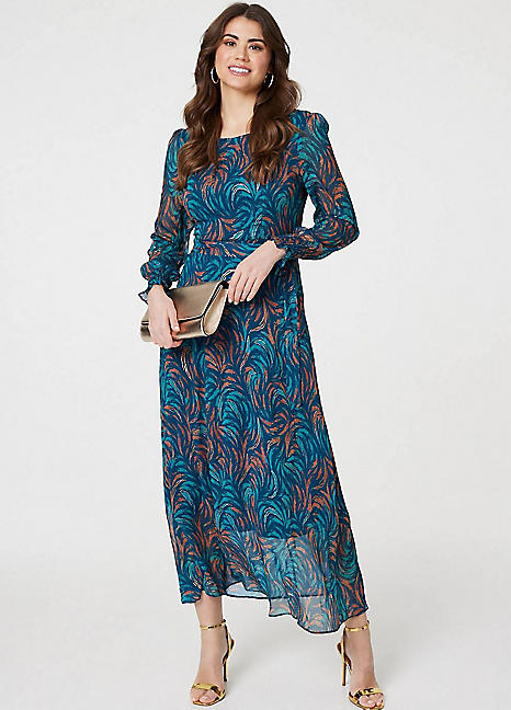 Izabel London Teal Abstract Long Sheer Sleeve Maxi Dress Freemans