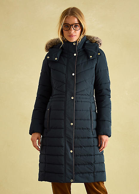 Joules Cherington Showerproof Longline Padded Faux Fur Hooded Coat Freemans