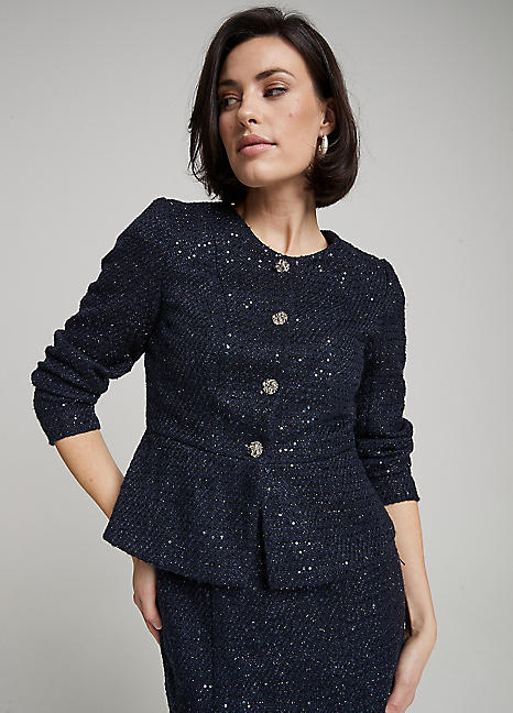 Kaleidoscope Navy Peplum Boucle Jacket | Freemans