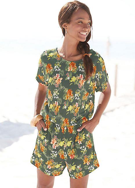 LASCANA Short Sleeve Floral Print Jumpsuit