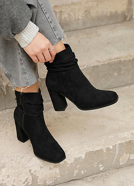 Linzi Mila Black Faux Suede Ruched Square Toe Block Heeled Ankle Boots