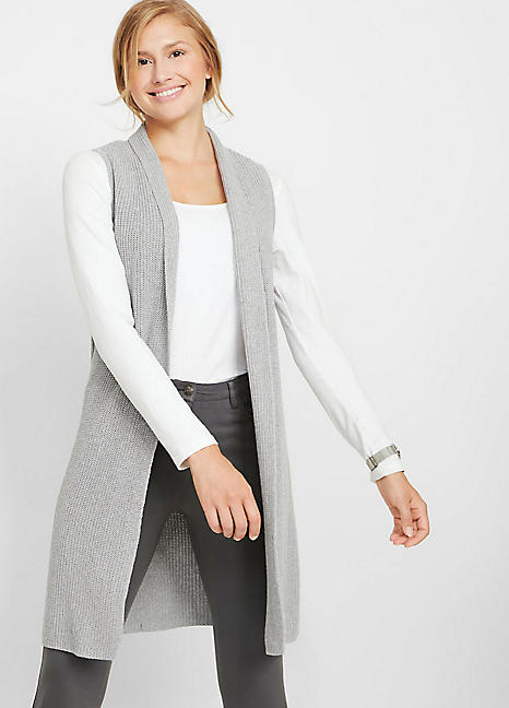 long grey sleeveless cardigan