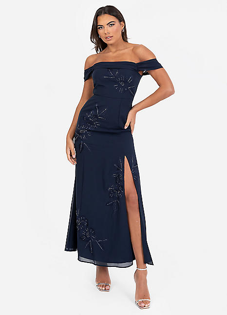 Maya Deluxe Embroidered & Beaded Bardot Maxi Dress with Split | Freemans Maya Deluxe Embroidered & Beaded Bardot Maxi Dress with Split | Freemans
