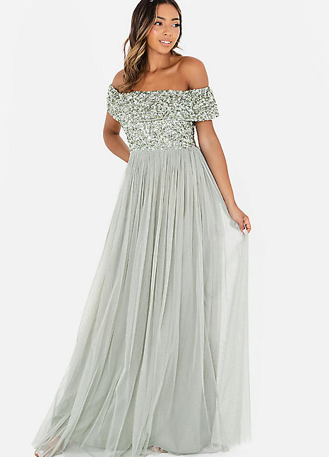 Maya Deluxe Icon Delicate Sequin Bardot Maxi Dress