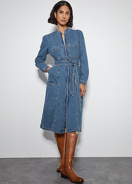 Monsoon Izzy Long Sleeve Denim Zip Midi Dress | Freemans