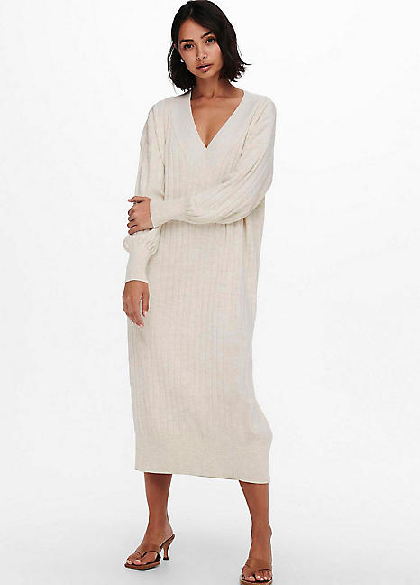 Kartia Midi Dress - V Neck Knit Dress in Off White