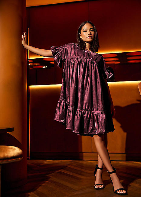 PixieGirl Petite Velvet Frill Smock Mini Dress | Freemans