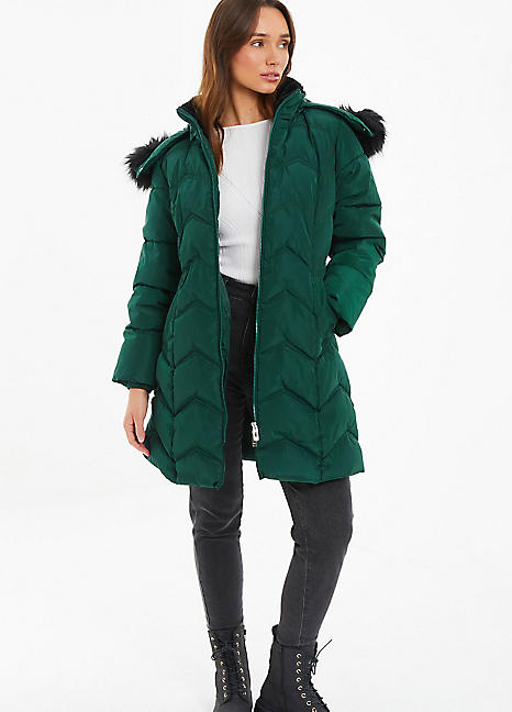 Quiz Bottle Green Polyester Padded Mid Length Jacket with Faux Fur Trimmed Hood Freemans