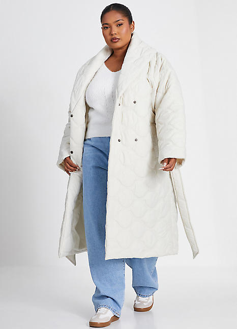 Quiz Cream Curve Quilted Belted Wrap Coat Freemans