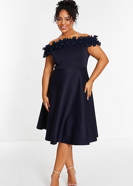 Quiz Curve Navy Bardot Ruffle Skater Midi Dress