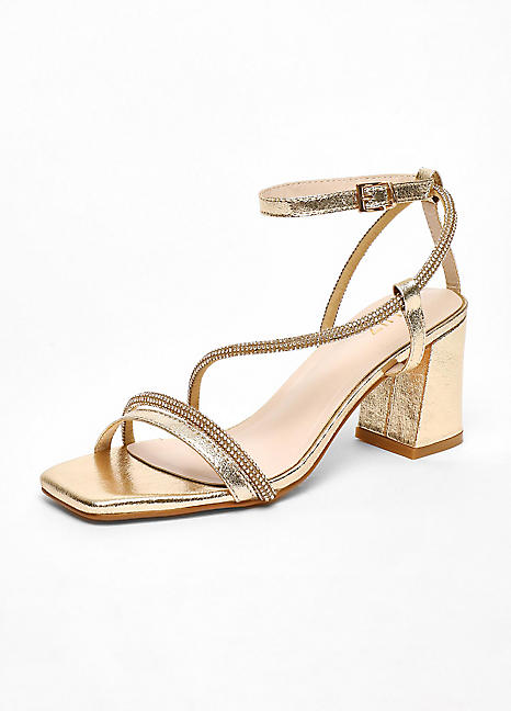 Quiz Gold Satin Diamante Asymmetric Block Heel Sandals Freemans
