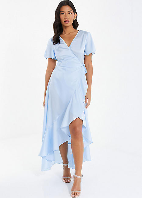 Quiz Light Blue Stain Wrap Frill Sleeve Maxi Dress Freemans