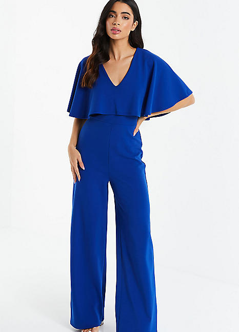 Quiz Royal Blue Scuba Crepe V Neck Cape Palazzo Leg Jumpsuit | Freemans