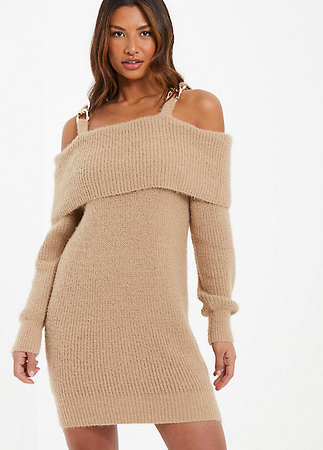 Quiz Stone Knit Fluffy Off Shoulder Jumper Dress Freemans