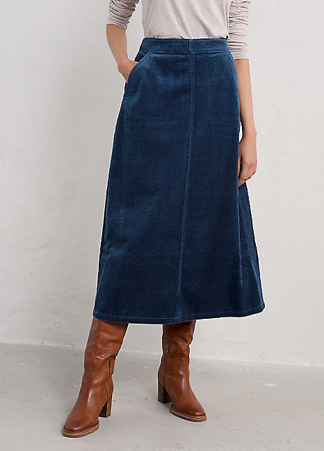Seasalt Cornwall Navy Window Wren Cord Midi Skirt | Freemans