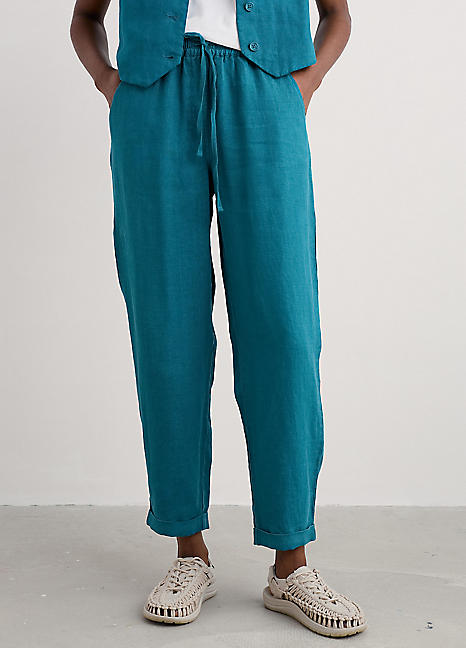 Seasalt Cornwall Teal Dipping Sun Linen Trousers | Freemans
