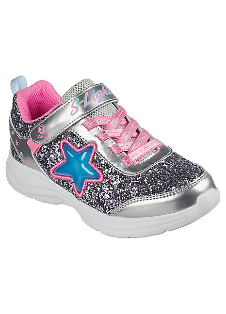 Skechers Girls Silver Pink Lighted Gore Strap Trainers With Rock Glitter Lighted Star Freemans