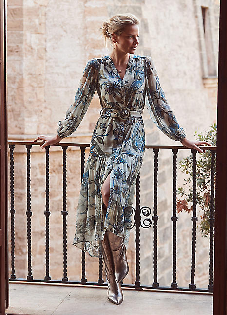 ● 8 SECONDS ● Patterned Dress Khaki Sosandar Khaki Green Paisley Print Tiered Hem Maxi Dress