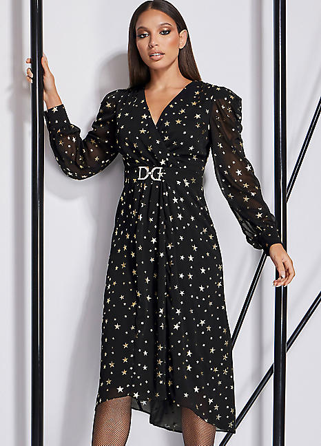 Star By Julien Macdonald Black Star Print Chiffon Midi Dress With Diamante  Belt | Freemans