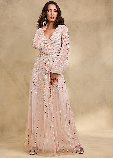 Together Blush Beaded Wrap Maxi Dress