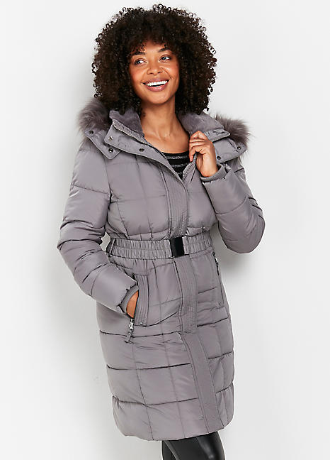 Wallis Grey Faux Fur Collar Square Coat, Wallis Long Winter Coats Womens