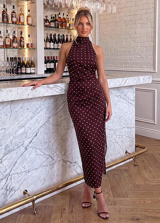 burgundy polka dot midi dress AX Paris High Neck - Burgundy The mini length offers