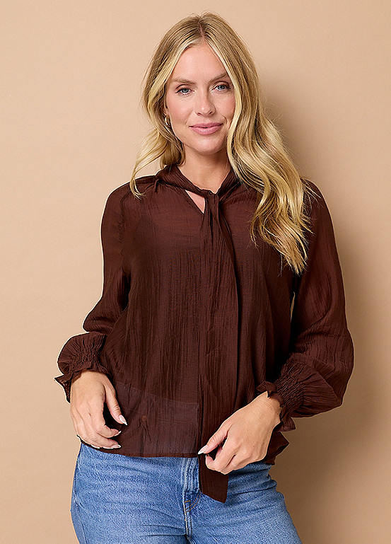 Izabel London Tie Front High Neck Relaxed Blouse | Freemans
