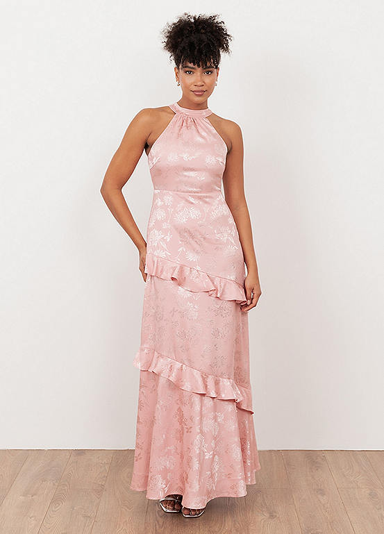 dusty pink jacquard halter neck cowl maxi dress Maya Deluxe Soft Floral Satin Satin