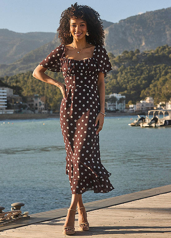 Sosandar Chocolate Brown Polka Dot Ruffle Hem Dress