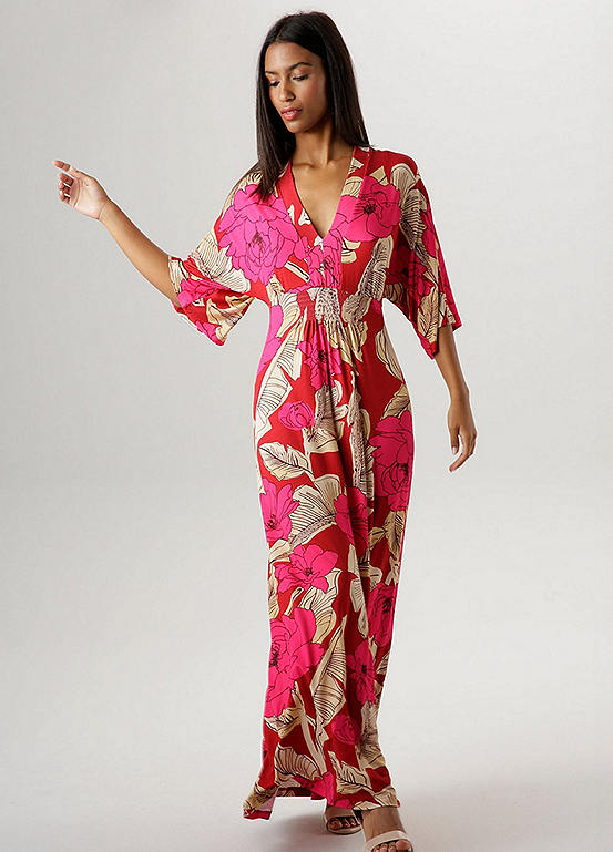 Aniston Floral Print V-Neck Three-Quarter Length Sleeve Maxi Dress ...